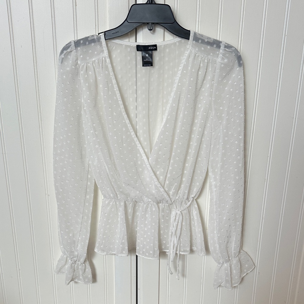 Aqua White Polka Dot Wrap Blouse